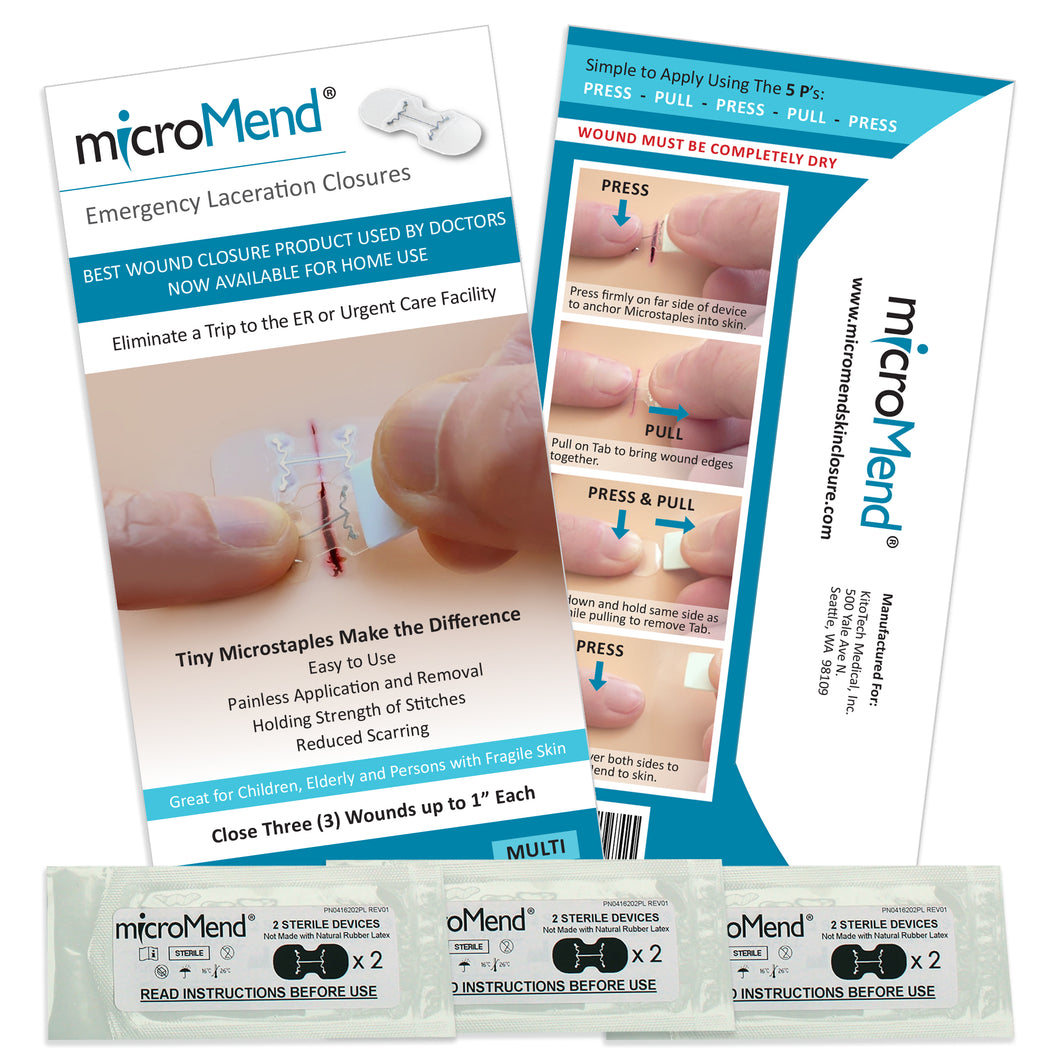 Emergency Laceration Closures - MULTI PACK - 3 Medium Packs of 2 microMend® Devices Each (6 total)